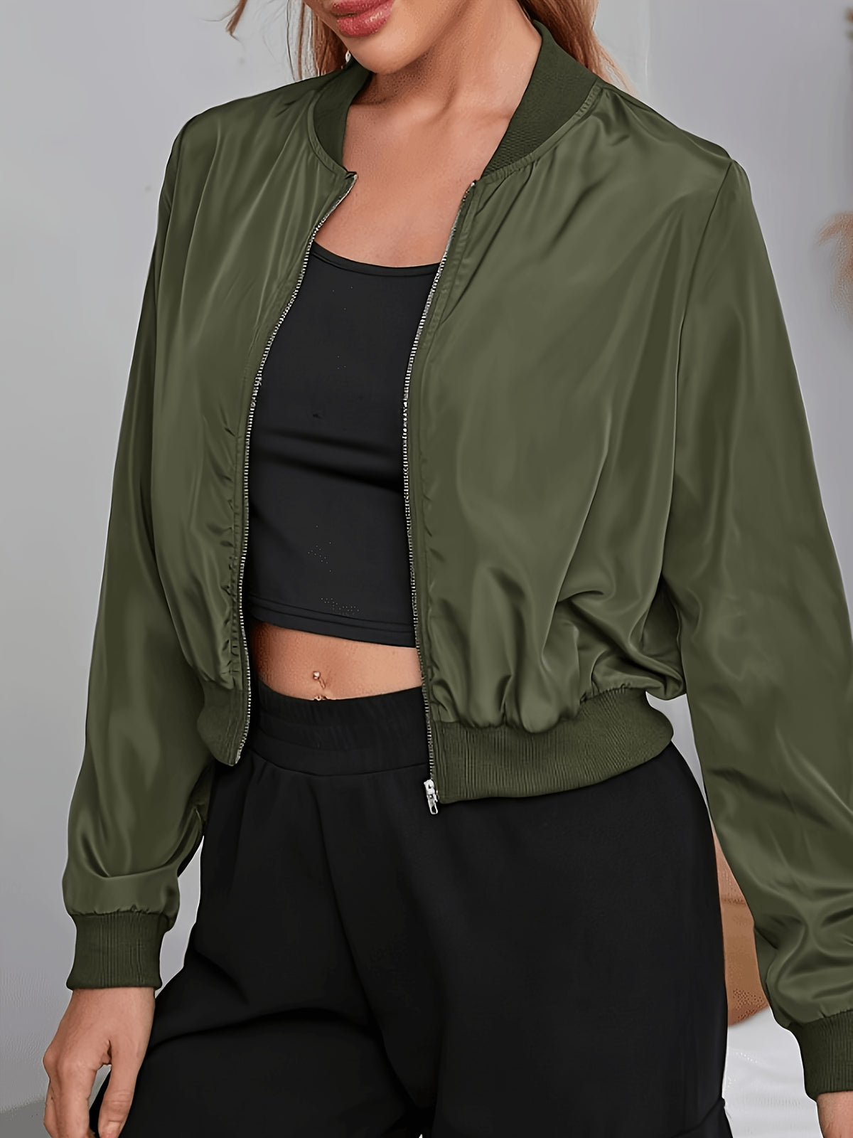 Elegant Women's Bomber Jacket - Casual Polyester, Machine Washable, Solid Color with Baseball Collar for Spring/Fall - Olive Green
