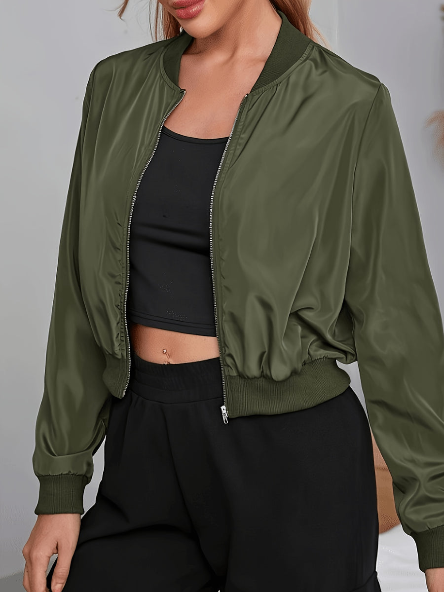 Elegant Women's Bomber Jacket - Casual Polyester, Machine Washable, Solid Color with Baseball Collar for Spring/Fall - Olive Green