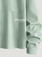 Men's Striped Long-Sleeve Shirt with Letter Iron-On Print, Trendy and Fashionable, Light Business Casual, Simple Four-Season Style, Short and Long-Sleeve Shirt - Light Green