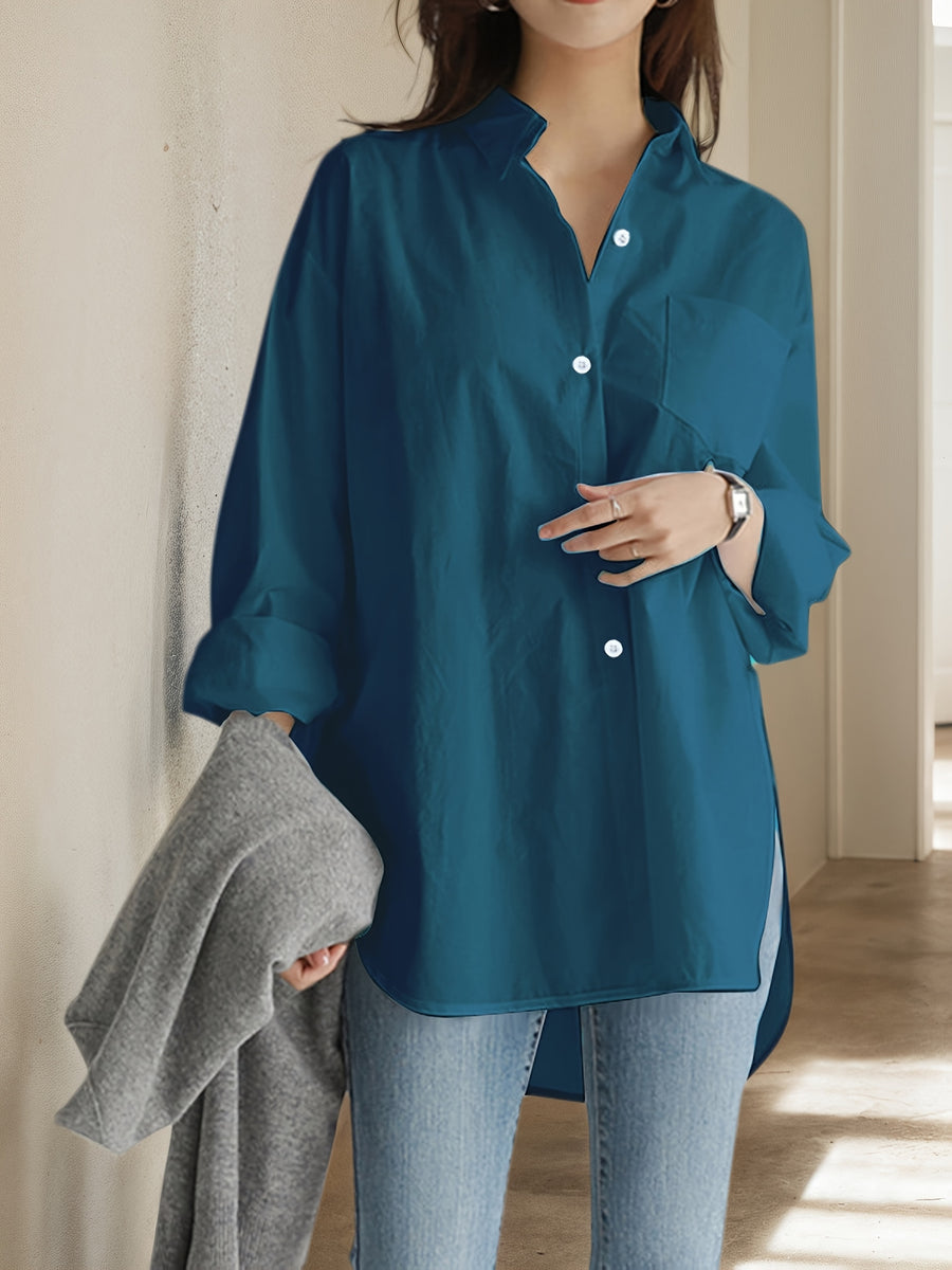 Women'S Loose Elegant Spring Autumn Long Sleeve Office Shirt Solid Color Casual Versatile Easy Top Work Blouse - Navy Color