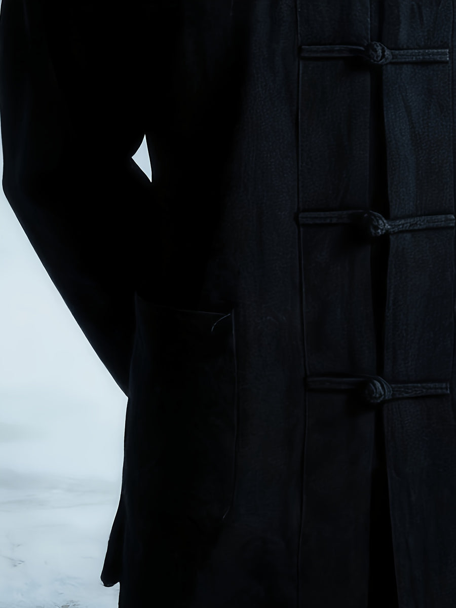New Chinese Style Men'S Long Sleeve Shirt - And Linen Ethnic Characteristic Practice Clothes - Zen Retro Tang Style Thin Jacket (Solely Includes One Jacket) - Midnight Black