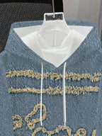 Retro Distressed Style Faux Two-Piece Hooded Sweatshirt, Faux Denim Texture Design with Furry Letter Print, Street Trendy Individual Pullover Top - Mixed colors