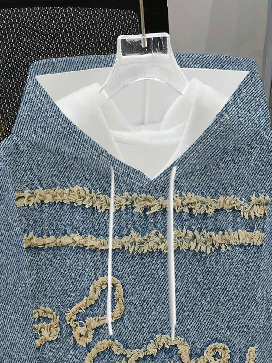 Retro Distressed Style Faux Two-Piece Hooded Sweatshirt, Faux Denim Texture Design with Furry Letter Print, Street Trendy Individual Pullover Top - Mixed colors