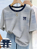 New Cross-Border Fashion Casual Digital Print Striped Short-Sleeve Round-Neck T-Shirt for Women - Navy Color