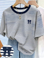 New Cross-Border Fashion Casual Digital Print Striped Short-Sleeve Round-Neck T-Shirt for Women - Navy Color