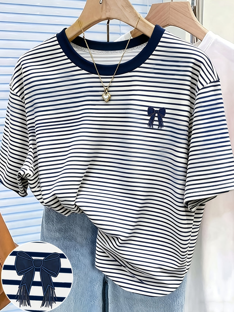 New Cross-Border Fashion Casual Digital Print Striped Short-Sleeve Round-Neck T-Shirt for Women - Navy Color