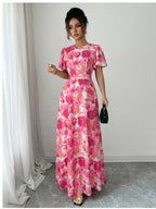 Elegant, Exquisite, And Fashionable Floral Print Round Neck Short Sleeve Long Dress High-Waist Waist-Cinching A-Line Flared Silhouette Suitable for Daily Commute, Dating Parties, Beach Vacation, Wedding Bridesmaid, Afternoon Tea - Red