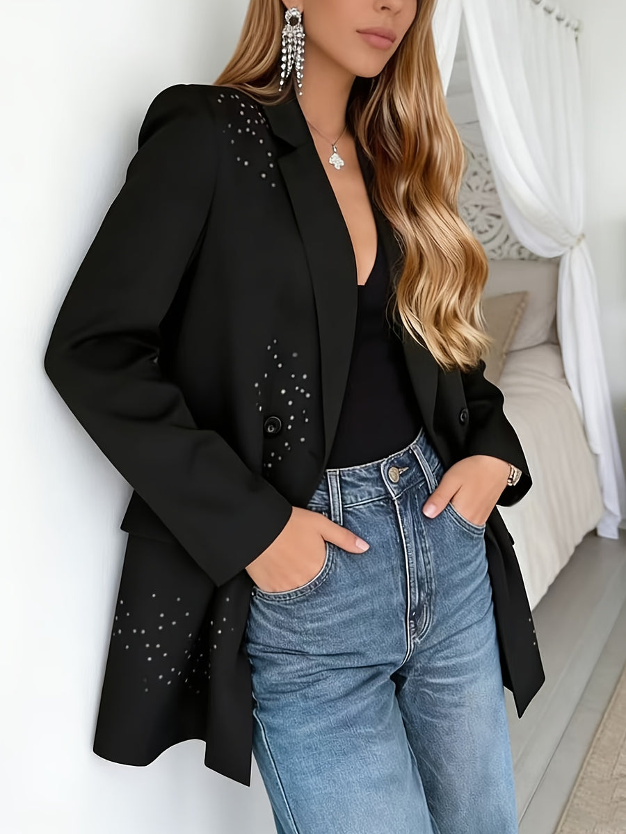 Spring/Autumn Women'S Blazer, Rhinestone Long Sleeve Suit, Double-Breasted Lapel Design, High-Quality Craftsmanship, Machine Washable, Suitable for Dates, Daily Wear, Parties, Fashionable Commuting - Black