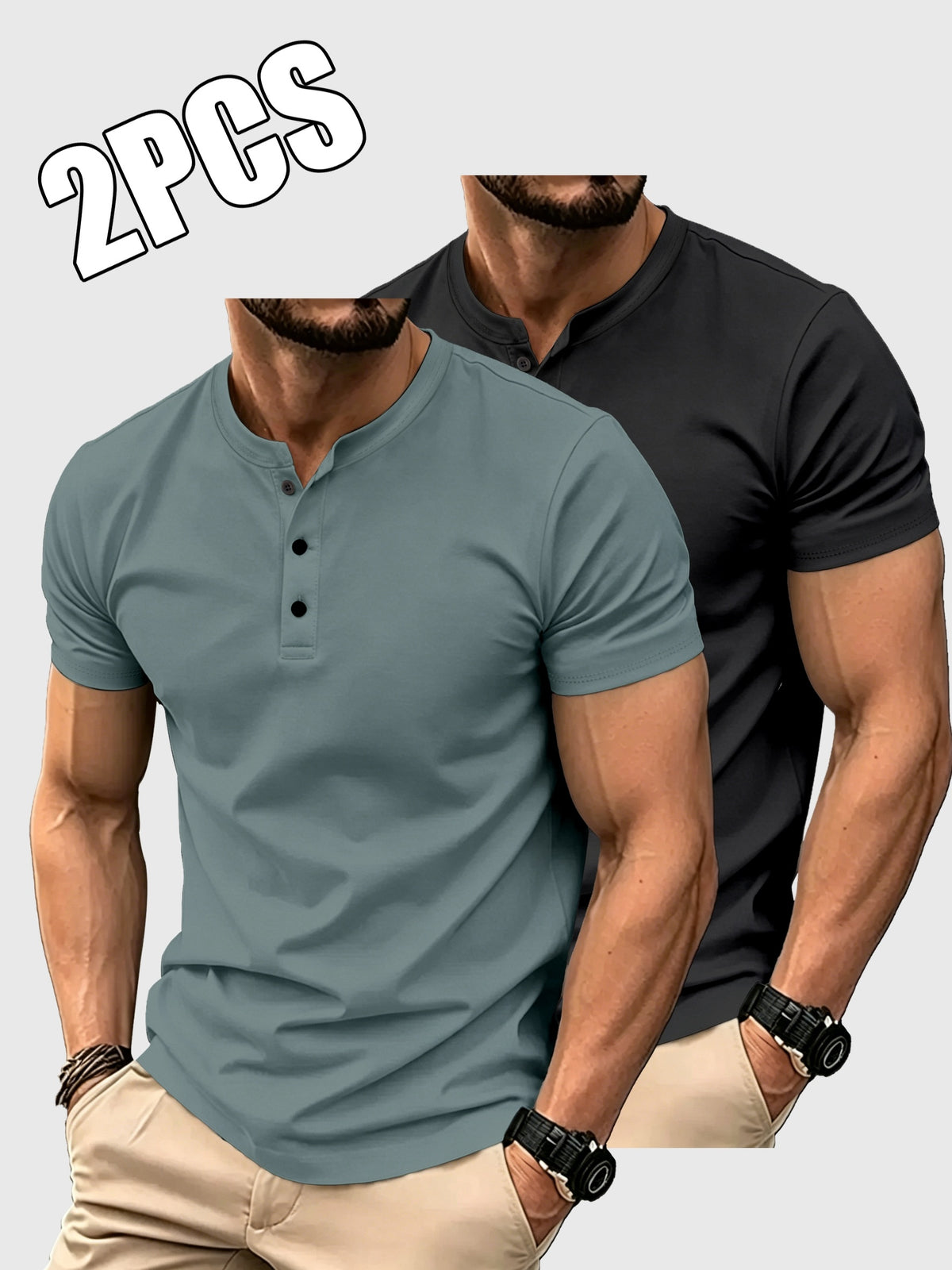 2pcs Set of Men'S Solid Color T-Shirts, Summer Classic Henley Shirts, Suitable for Casual Wear - Grey+Black