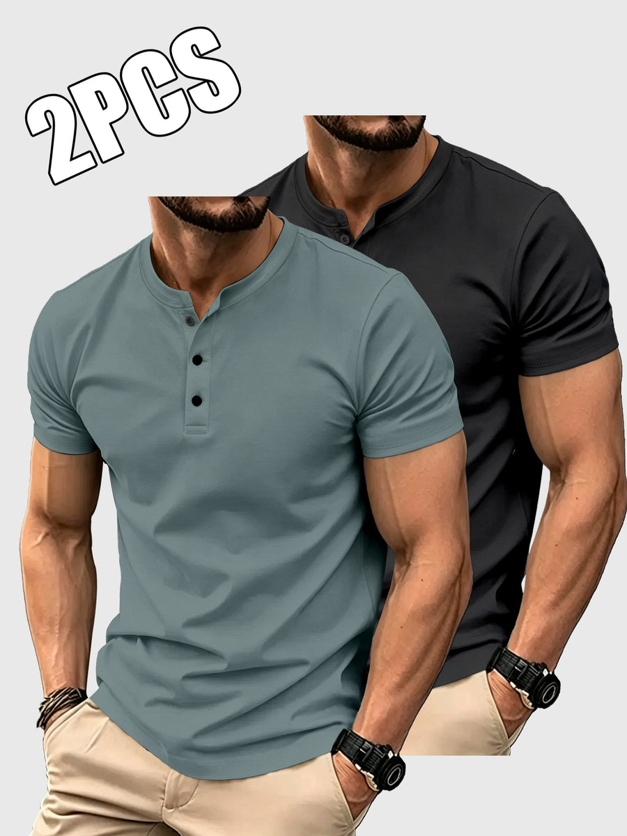 2pcs Set of Men'S Solid Color T-Shirts, Summer Classic Henley Shirts, Suitable for Casual Wear - Grey+Black