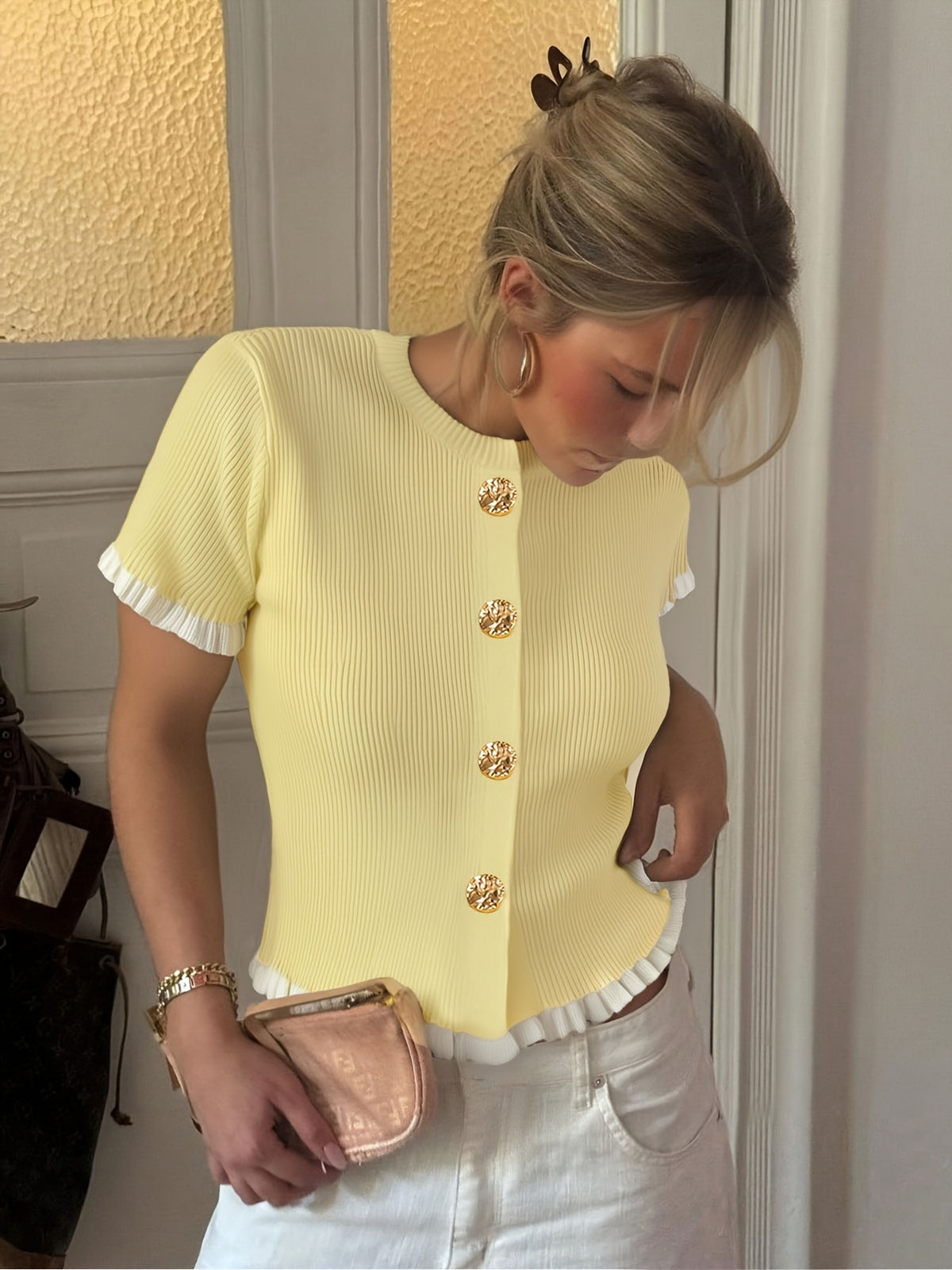 Women's Summer Button Ear Design Edge Design, Top, Elegant Casual Top Casual Short Sleeve, Suitable for Dating Daily Wear - Yellow