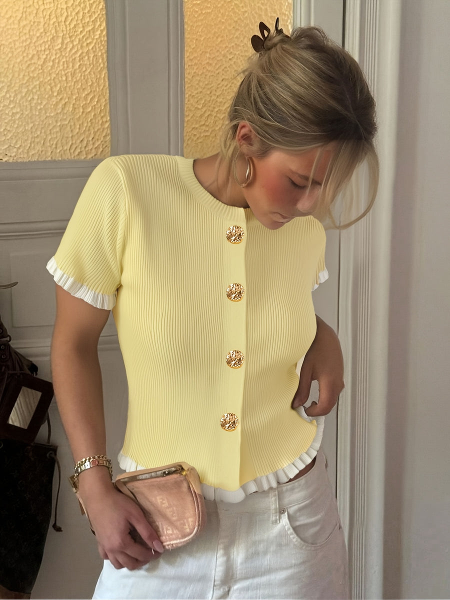 Women's Summer Button Ear Design Edge Design, Top, Elegant Casual Top Casual Short Sleeve, Suitable for Dating Daily Wear - Yellow