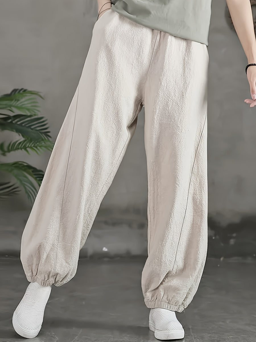 Loose and Breathable Vintage High-waist Tapered Patchwork Casual Wide-leg Long Pants Solid Color Casual Lantern Pants - Apricot