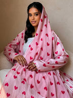 1 Set Heart Print Satin Abaya Set With, Elegant Flare Maxi Open Abaya for Women - Pink