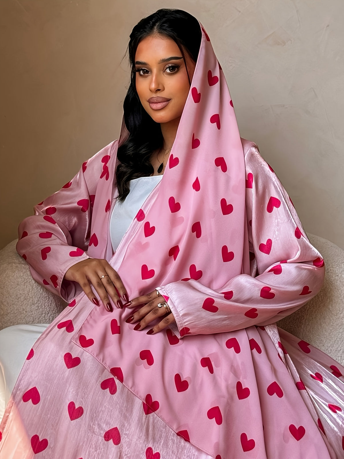 1 Set Heart Print Satin Abaya Set With, Elegant Flare Maxi Open Abaya for Women - Pink