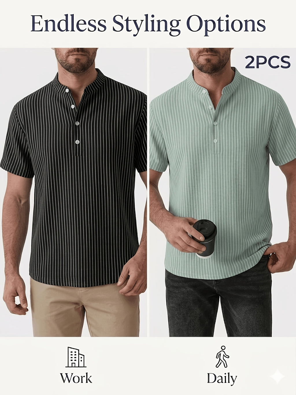Josh Rose OBM 2pcs Men's Henley Shirts, Men's Summer Short Sleeve Regular Fit, Lightweight and Breathable, 95% Linen, Solid and Striped in Black and White, Features 4 Buttons, Suitable for Summer Daily Work, Casual, and Vacation Occasions - Black+Green