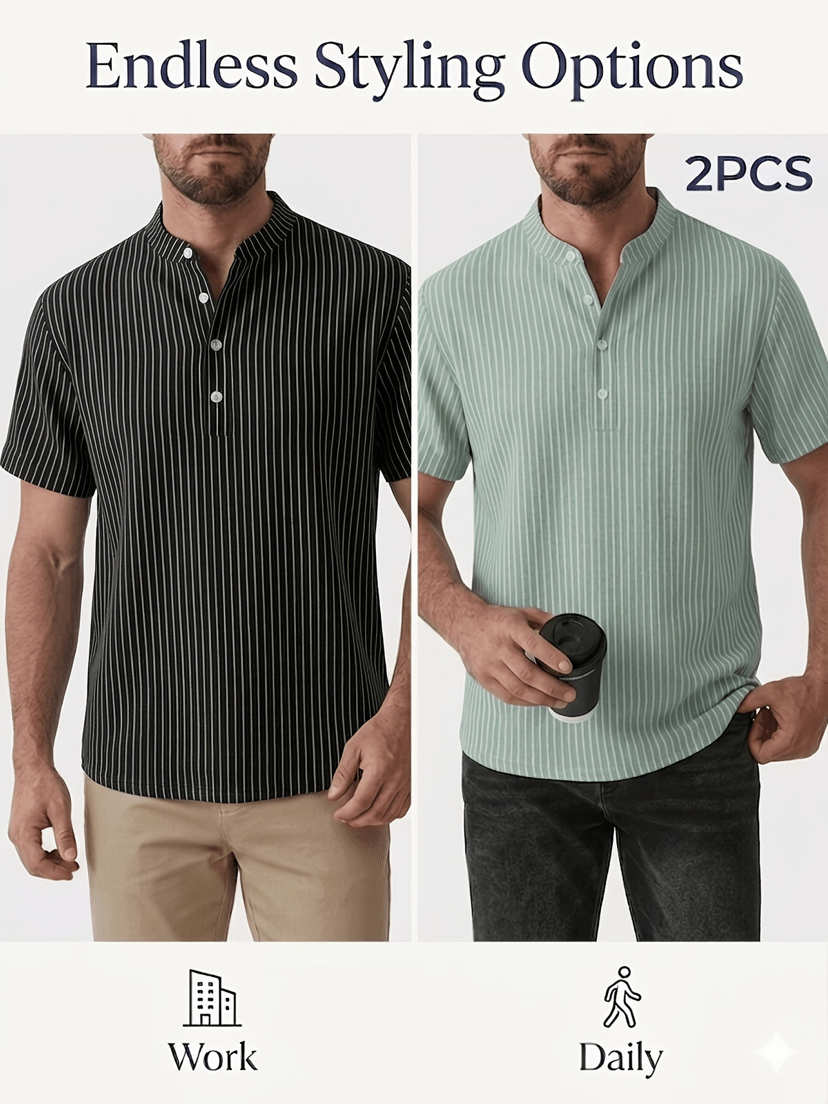 Josh Rose OBM 2pcs Men's Henley Shirts, Men's Summer Short Sleeve Regular Fit, Lightweight and Breathable, 95% Linen, Solid and Striped in Black and White, Features 4 Buttons, Suitable for Summer Daily Work, Casual, and Vacation Occasions - Black+Green