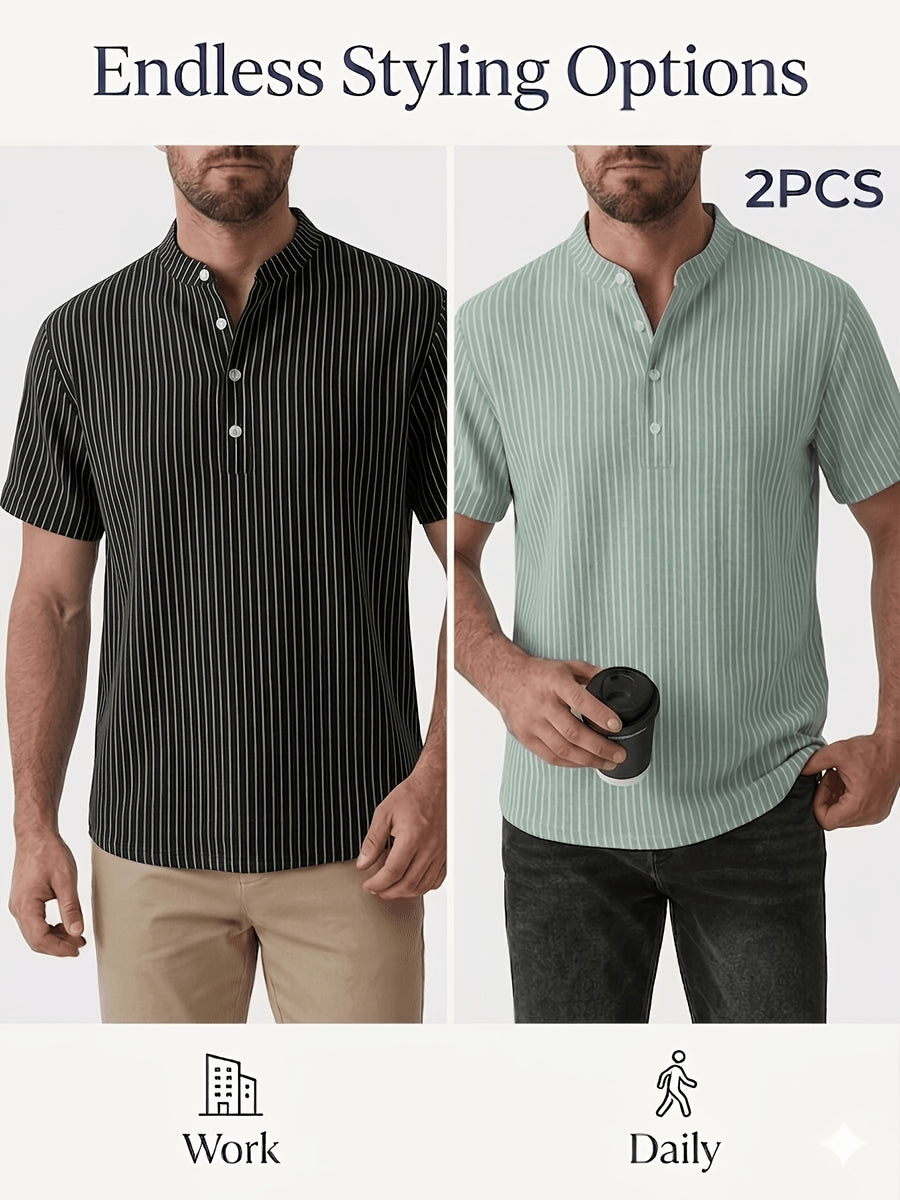 Josh Rose OBM 2pcs Men's Henley Shirts, Men's Summer Short Sleeve Regular Fit, Lightweight and Breathable, 95% Linen, Solid and Striped in Black and White, Features 4 Buttons, Suitable for Summer Daily Work, Casual, and Vacation Occasions - Black+Green