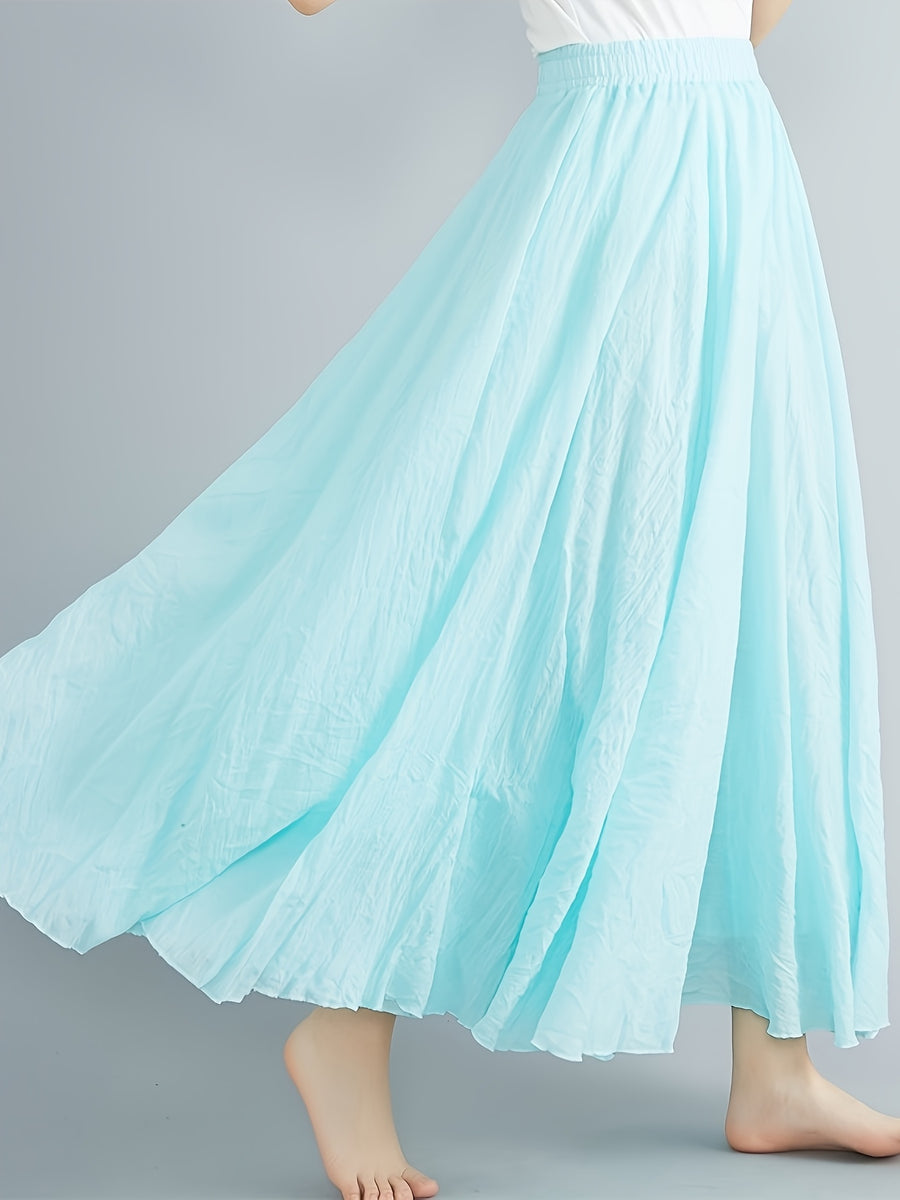 Solid Color Ethnic Style Literary Double-Layer Non-See-Through Midi Skirt for Women, Spring Summer Autumn Zen Style Long Dress with Wide Hem, High Waist Flowy - Water Blue