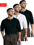 3pcs Men's Waffle Knit Henley Long Sleeve Button-Up Shirt, Suitable for Daily / Dating / Workplace / Casual Multi-Scene Wear - Black+white+black