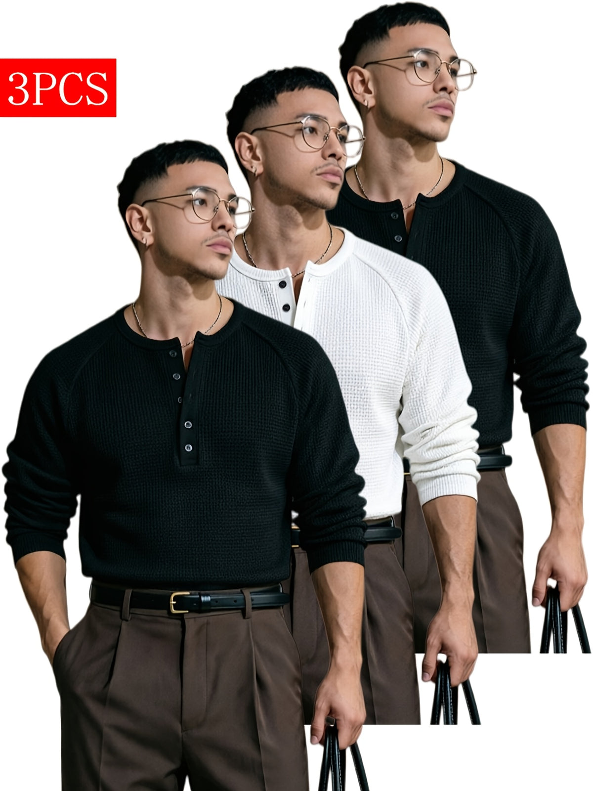 3pcs Men's Waffle Knit Henley Long Sleeve Button-Up Shirt, Suitable for Daily / Dating / Workplace / Casual Multi-Scene Wear - Black+white+black