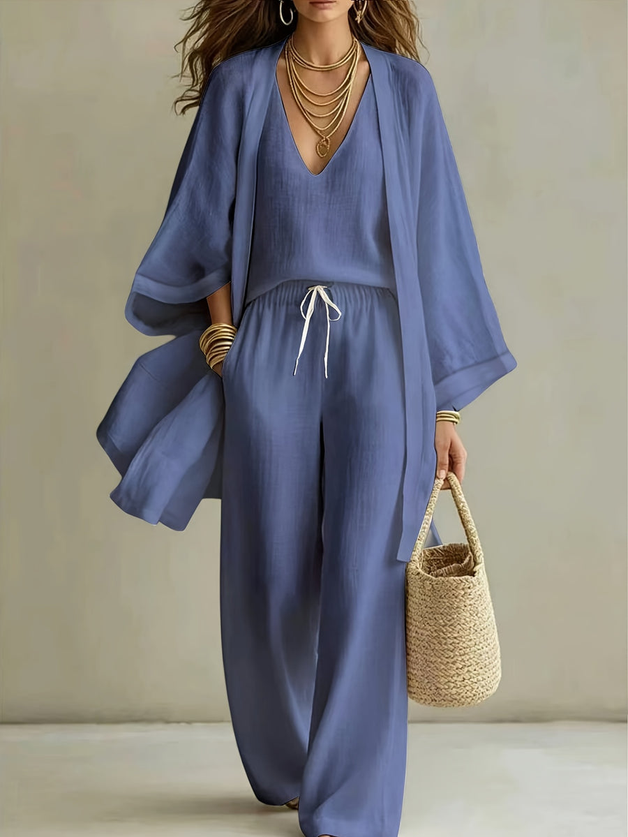3pcs Set, Women's Spring/summer Vacation-style Loose Spaghetti Strap Tank Top with Cardigan and Loose Wide-leg Pants Casual Set, Elegant and Fashionable, Comfortable and Casual, Suitable for Commuting Wear - Fog Blue