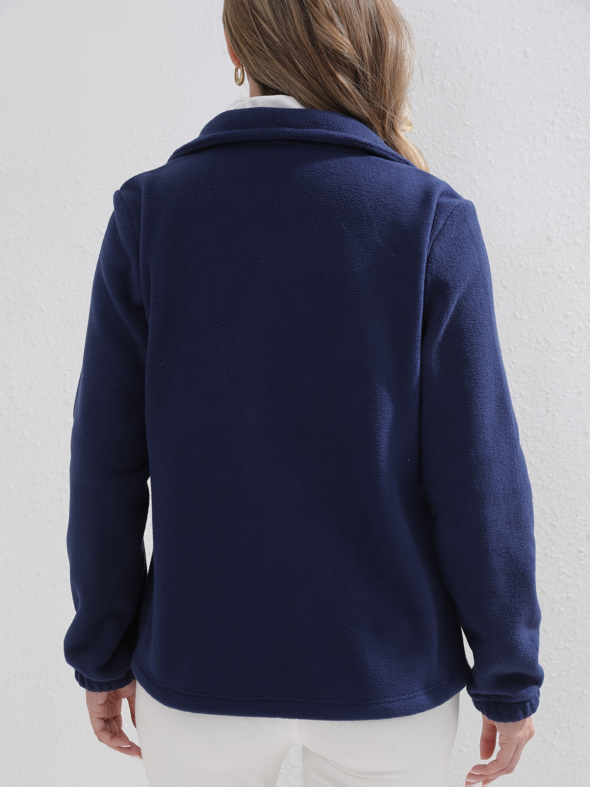 1pc Fleece Zip-Up Jacket with Zipper Pockets, Autumn And Winter Fashion, Elegant Commute, Party, Outdoor Leisure, Daily Women'S Navy Coat - Navy Color