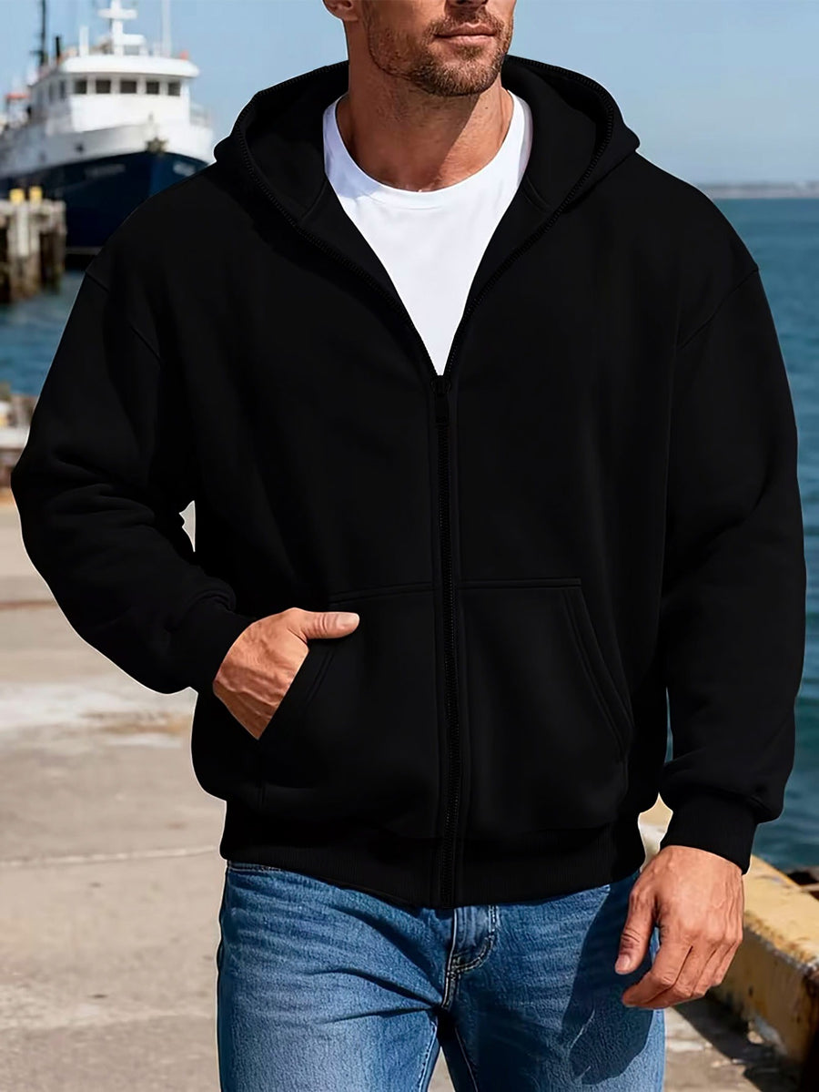 Warner Bros Official Casual Full-Zip Hooded Cardigan Sweatshirt with Kangaroo Pocket, Ribbed Cuffs and Hem, Loose Drop Shoulder Unisex Streetwear Versatile Outerwear for Autumn/Winter Daily Street Trend Long-Sleeve Hoodie - Black