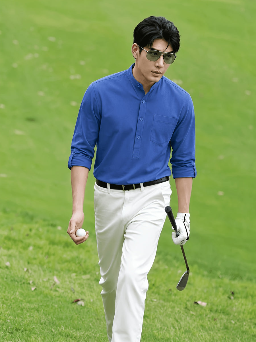 Men'S New Half-Button Shirt - Golf & Everyday Wear | Roll-Up Sleeves, Short Placket with Chest Pocket | Wrinkle-Free, Shape Retention - Swing Free, Fairway to Clubhouse | Solid Tone, Easy-Match, All-Season Layering Or Solo - Blue
