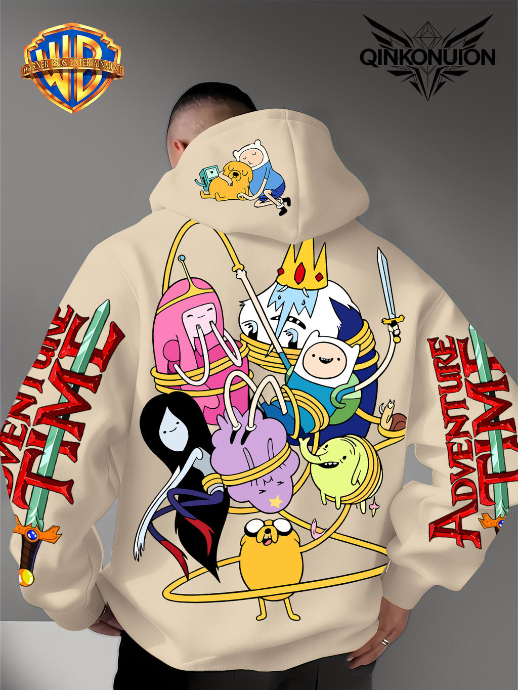 Warner Official Men's Hooded Sweatshirt, Adventure Treasure Rope Wrapped Character Group Cartoon Print Design, Machine Washable, Warm and Casual for Autumn and Winter, Daily Drawstring Hooded Sweatshirt, Multifunctional Sports and Casual Loose Fit - Apricot