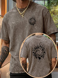 Men's Pure  Short-Sleeve Top with Trendy Double-Sided Print of Flocks of Birds and Spiral Ink Splatter Design, 12 Colors for  Mix-and-Match, Washed Distressed Loose Fit, National Trend Y2K Style for Commuting, Daily Outings, Sports - Brown
