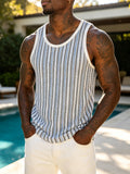 Men's Chevron Striped Hollow Knit Tank Top, Round Neck Sleeveless Casual Summer T-Shirt for Beach Workout Vacation Streetwear - Blue