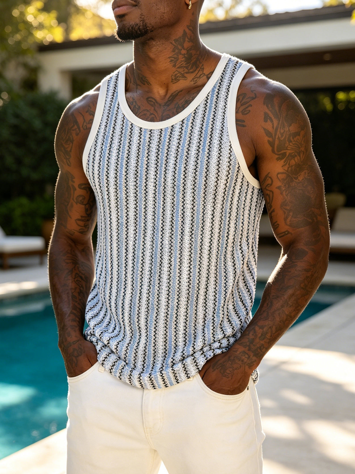 Men's Chevron Striped Hollow Knit Tank Top, Round Neck Sleeveless Casual Summer T-Shirt for Beach Workout Vacation Streetwear - Blue
