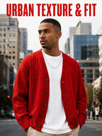 Daily Deal 1pc Men's Cable Knit Cardigan, V-Neck Button-Front, Textured Twist Knit, Retro Casual Street Style, Spring & Fall Loose Fit Daily Sweater Outerwear - Red