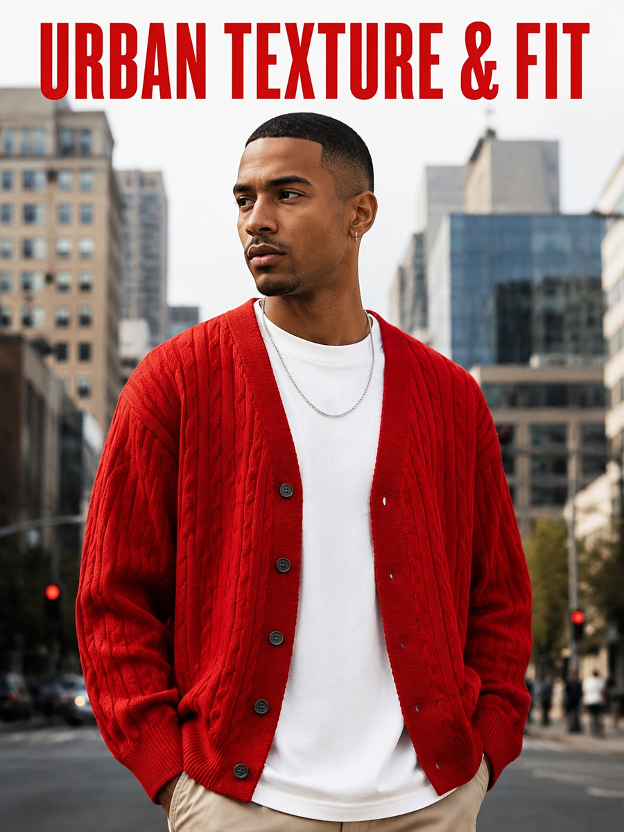 Daily Deal 1pc Men's Cable Knit Cardigan, V-Neck Button-Front, Textured Twist Knit, Retro Casual Street Style, Spring & Fall Loose Fit Daily Sweater Outerwear - Red