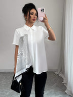 Elegant Collar Geometric Black and White Line Print Asymmetrical Hem Open Front Versatile Commuter Short Sleeve Shirt for Spring, Summer, and Fall, Suitable for Outings and Dates - Multicolor