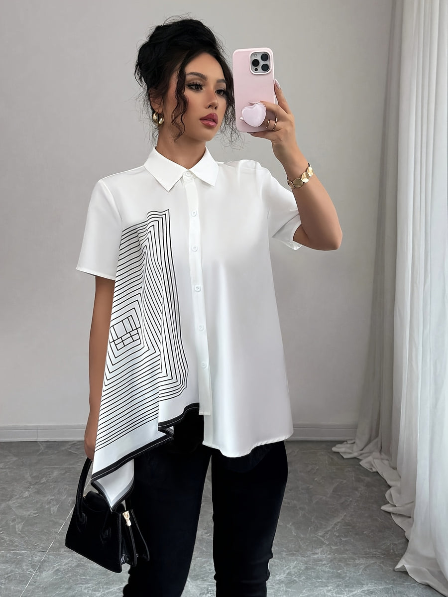 Elegant Collar Geometric Black and White Line Print Asymmetrical Hem Open Front Versatile Commuter Short Sleeve Shirt for Spring, Summer, and Fall, Suitable for Outings and Dates - Multicolor