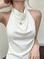 Women'S Backless Halter Neck High-Neck Vest, Elegant And Premium Fashion, Date And Party Wear; Fashionable Cami Top, Ideal for Summer, Suitable for Dates And Gatherings, Commuting, Casual Wear, Fashion, Multifunctional, Premium Look, Short Design - White