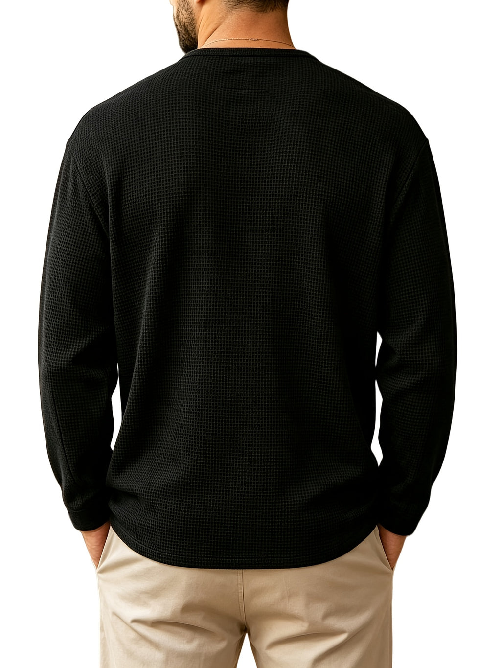2pcs Men'S Waffle Henley Long Sleeve T-Shirt, Loose Casual Button-Up Pullover Base Layer Spring Autumn Top - Black