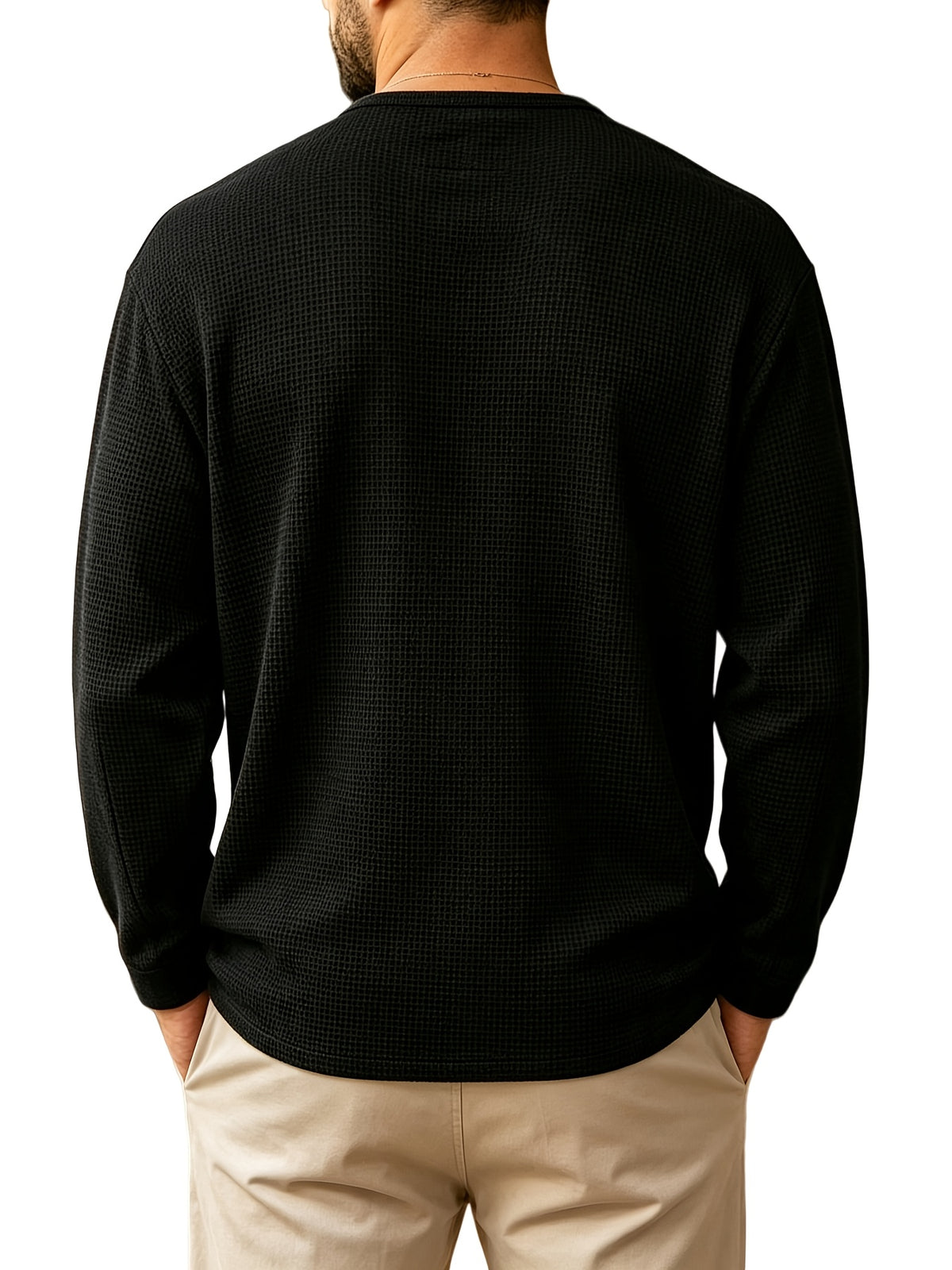 2pcs Men'S Waffle Henley Long Sleeve T-Shirt, Loose Casual Button-Up Pullover Base Layer Spring Autumn Top - Black