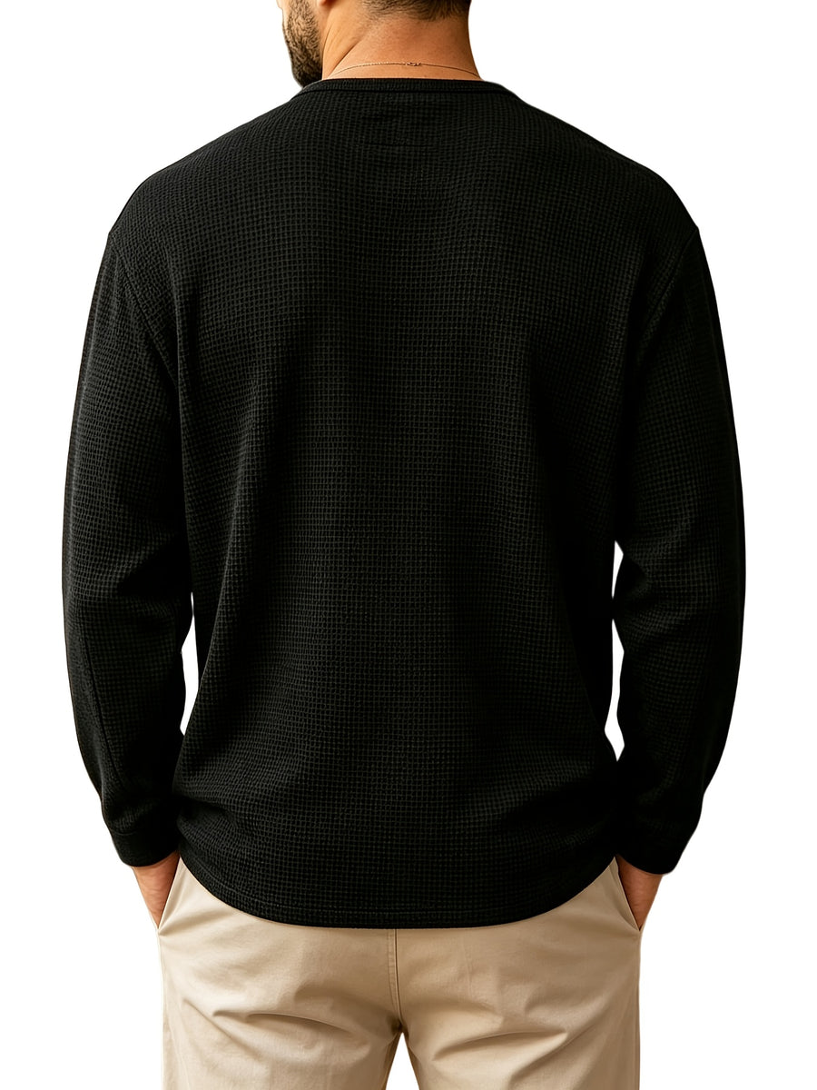 2pcs Men'S Waffle Henley Long Sleeve T-Shirt, Loose Casual Button-Up Pullover Base Layer Spring Autumn Top - Black