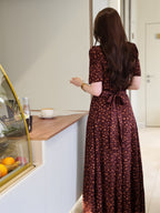 Women's French Vintage Lapel Collar Dress with Waist Cinch - Short Sleeve -Neck -Line Midi Dress, Blouse-Suitable for Daily Commuting, Short Bell Sleeves & Contrast Collar, Spring Summer Office to Casual Wear (Machine Washable) - Reddish Brown