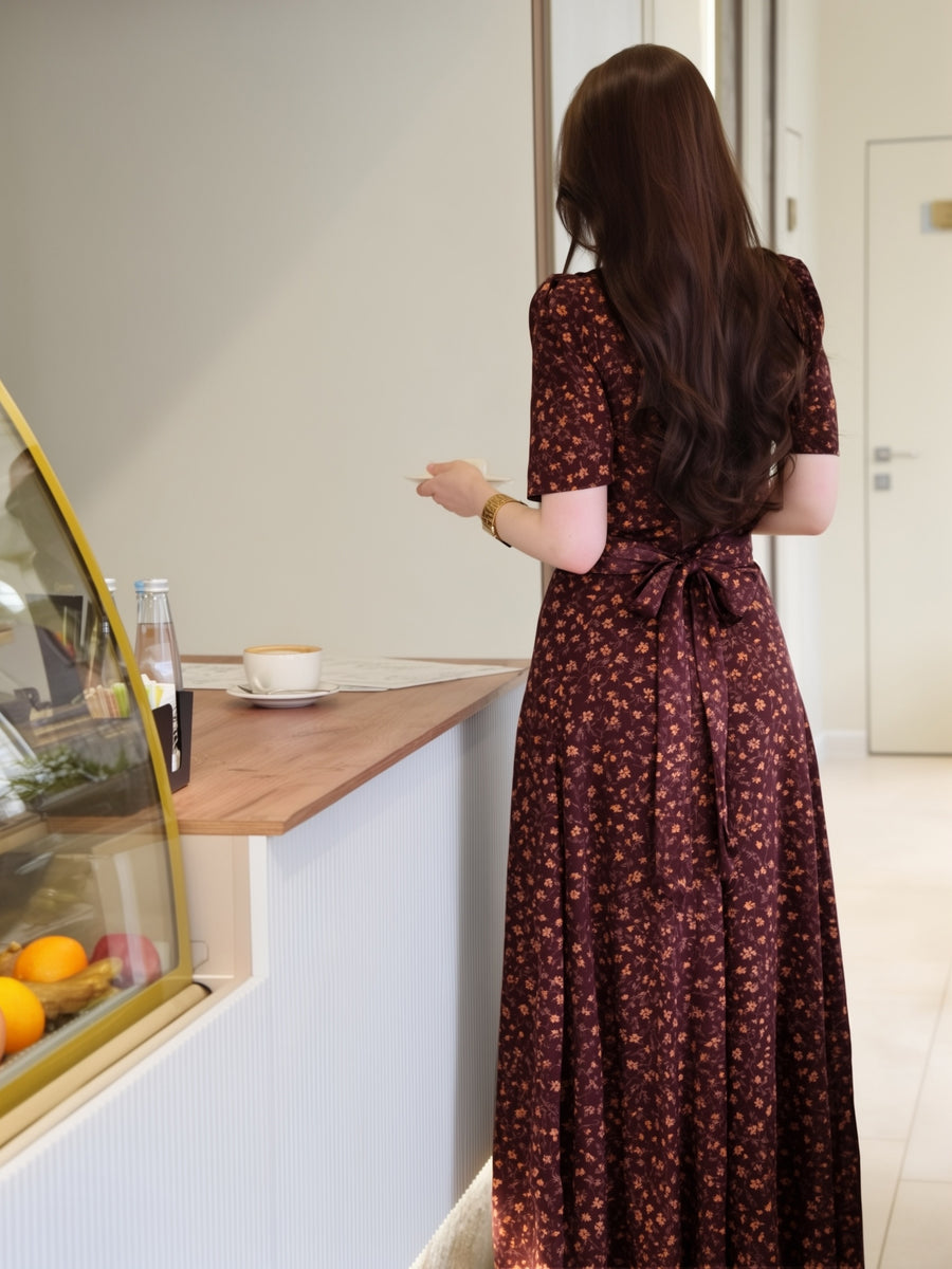 Women's French Vintage Lapel Collar Dress with Waist Cinch - Short Sleeve -Neck -Line Midi Dress, Blouse-Suitable for Daily Commuting, Short Bell Sleeves & Contrast Collar, Spring Summer Office to Casual Wear (Machine Washable) - Reddish Brown