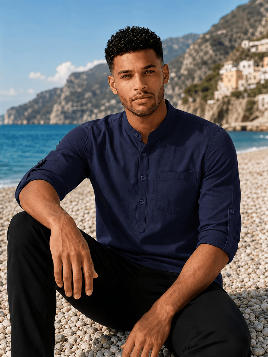 New Men'S Half-Placket Shirt - Casual Business, Outdoor Function Meets Daily Style | Roll-Up Long Sleeves, Chest Pocket | Wrinkle-Resistant, Shape-Retaining - from Trail to Commute | Solid Color, Easy-Match, All-Season Layering - Navy Color