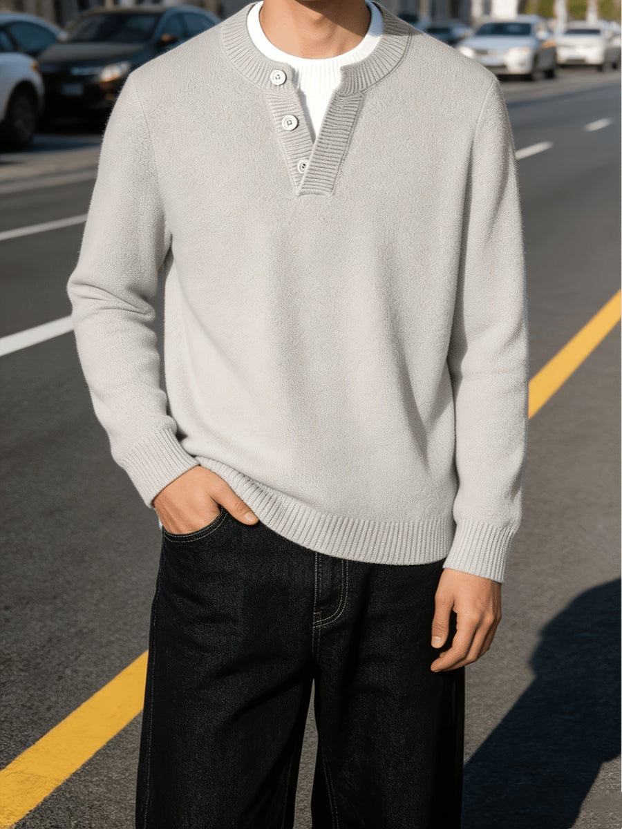 Men'S Thickened Button-Up Knit Sweater Off-Shoulder Sleeve Solid Color Pullover Top, Light Mature Casual Style, Winter Daily Commute Inner Outerwear Sweater - Apricot