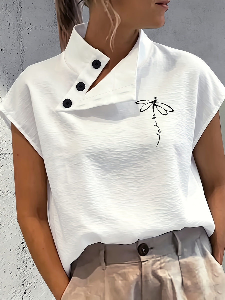 Casual Comfortable Elegant Chic Small Stand Collar Button-Up Sleeveless Dragonfly Butterfly Print White Shirt - White No. 2