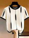 [Printed Design - Not Textured] Women's Casual Color-Block Crew Neck Short Sleeve T-Shirt, Summer Style - Black And White