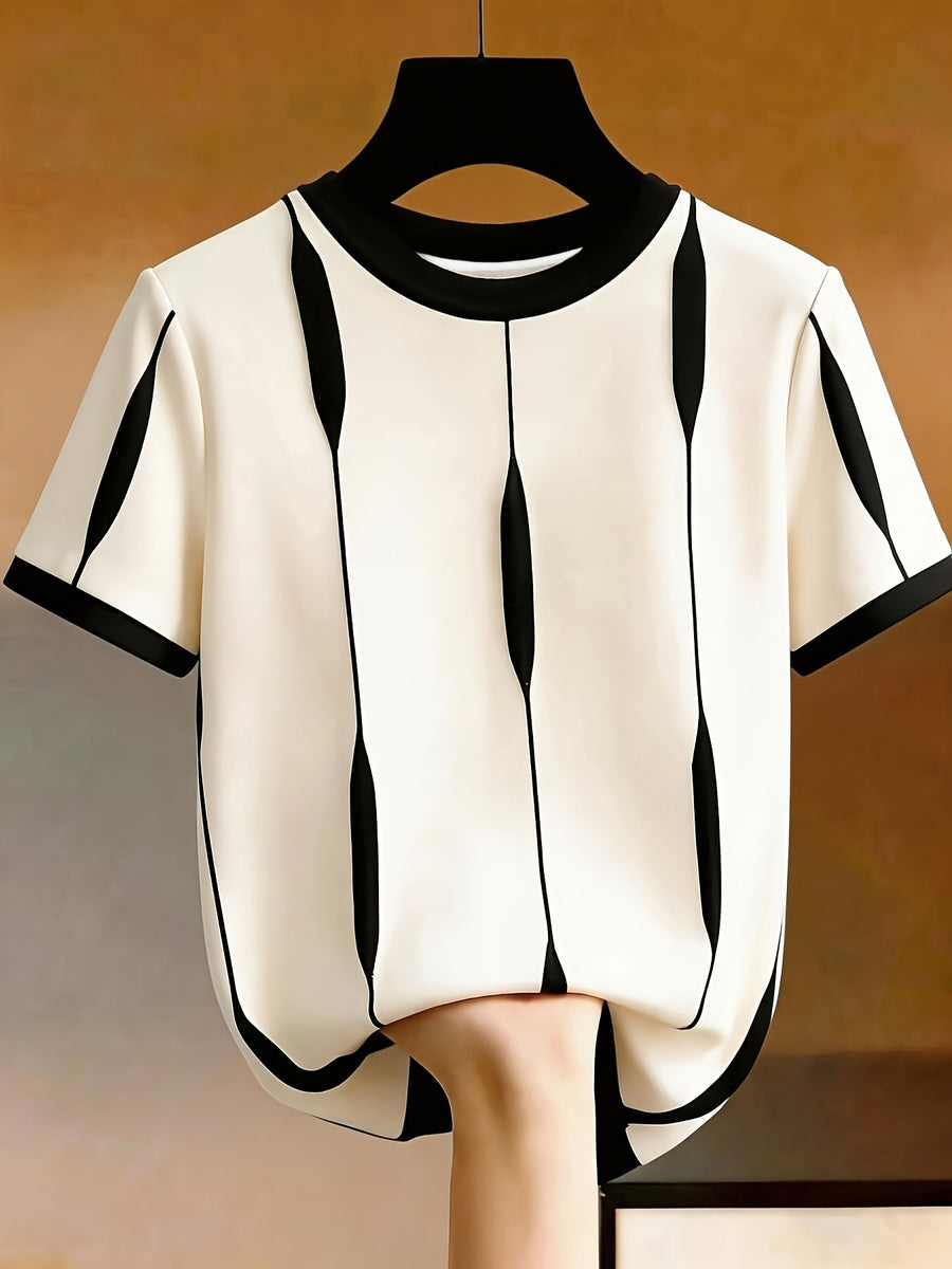 [Printed Design - Not Textured] Women's Casual Color-Block Crew Neck Short Sleeve T-Shirt, Summer Style - Black And White