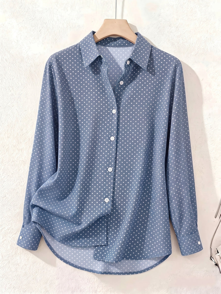 Elegant Fashion Single-Button Women'S Spring Autumn Long Sleeve Polka Dot Shirt - Blue