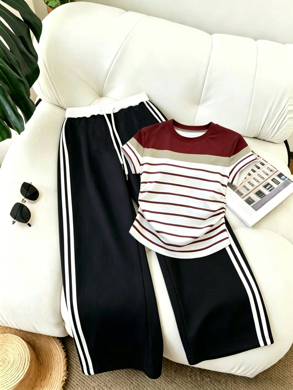 Women'S 2pcs Set Long Pants And Belt Patchwork Casual Sports Street Retro Style Loose Athletic Trousers And American Retro Casual Waist Pleated Craft Short Sleeve Digital Positioning Printed Short Sleeve Top - Black+Burgundy